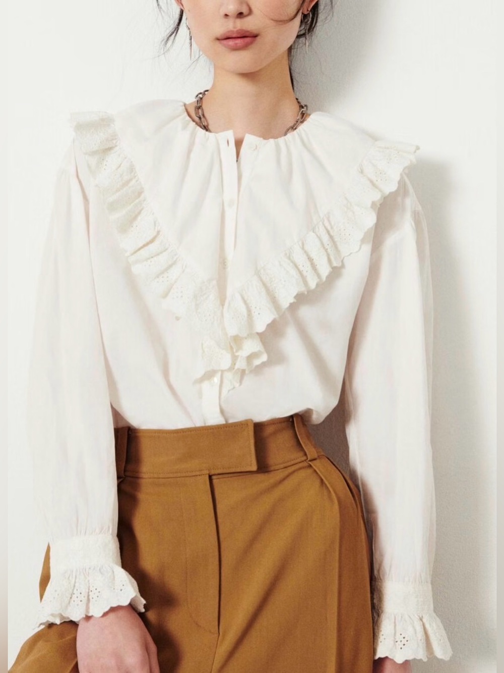 Ba&sh Cream Ruffle-Trim Eyelet Blouse - Size is US6.